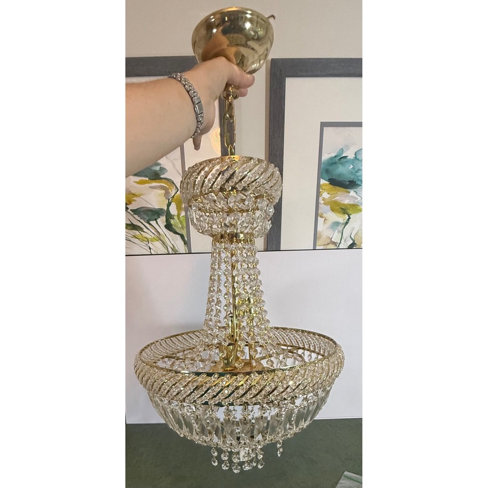 Vintage Gold Tiered Crystal Chandelier Glass Prism Pendant Light Fixture
